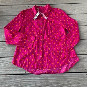 Fun Print Button Down Casual Shirt Pink with Orange Polka Dots Woman’s Large